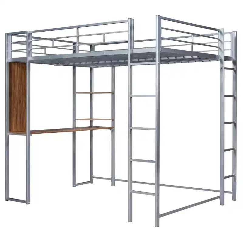 Okak 79.5IN Full Size Metal Loft Bed with 2 Ladders, Bed Frames With Desk, 2 Shelves and Safety Guardrails, Bunk Bed for Bedroom, Dormitory
