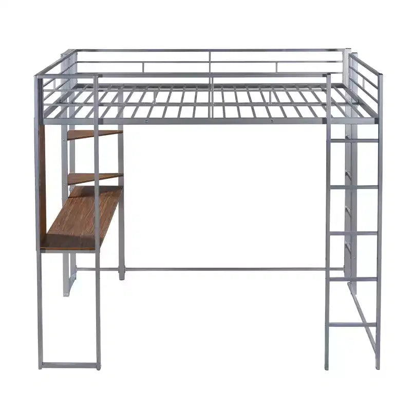 Okak 79.5IN Full Size Metal Loft Bed with 2 Ladders, Bed Frames With Desk, 2 Shelves and Safety Guardrails, Bunk Bed for Bedroom, Dormitory
