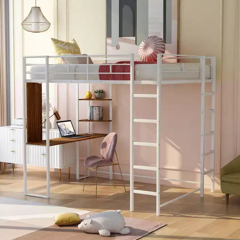Okak 79.5IN Full Size Metal Loft Bed with 2 Ladders, Bed Frames With Desk, 2 Shelves and Safety Guardrails, Bunk Bed for Bedroom, Dormitory