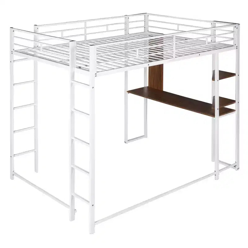 Okak 79.5IN Full Size Metal Loft Bed with 2 Ladders, Bed Frames With Desk, 2 Shelves and Safety Guardrails, Bunk Bed for Bedroom, Dormitory