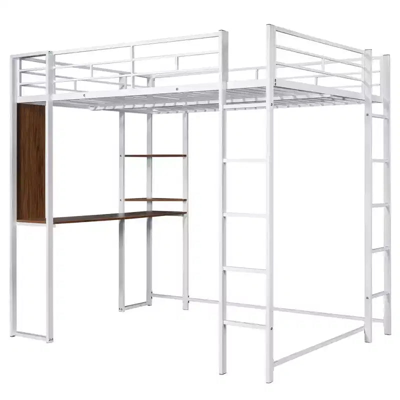 Okak 79.5IN Full Size Metal Loft Bed with 2 Ladders, Bed Frames With Desk, 2 Shelves and Safety Guardrails, Bunk Bed for Bedroom, Dormitory