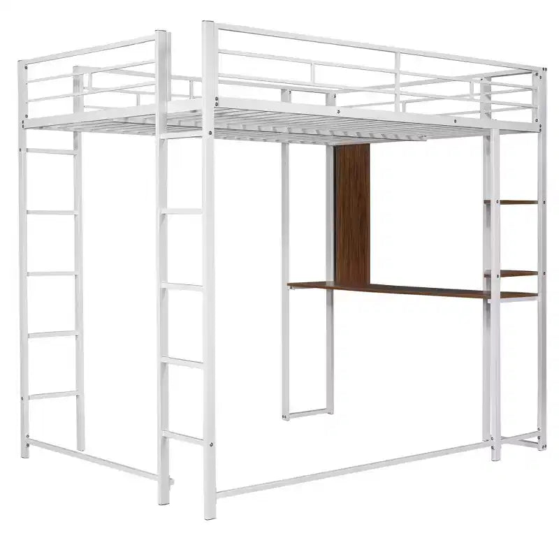 Okak 79.5IN Full Size Metal Loft Bed with 2 Ladders, Bed Frames With Desk, 2 Shelves and Safety Guardrails, Bunk Bed for Bedroom, Dormitory