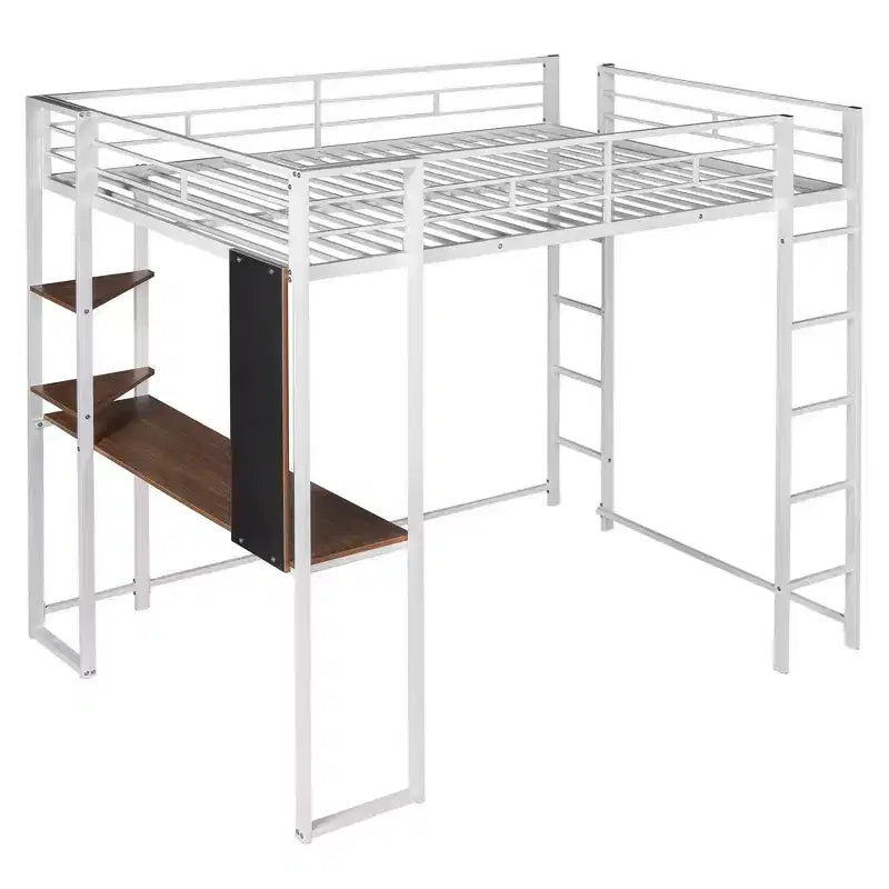 Okak 79.5IN Full Size Metal Loft Bed with 2 Ladders, Bed Frames With Desk, 2 Shelves and Safety Guardrails, Bunk Bed for Bedroom, Dormitory