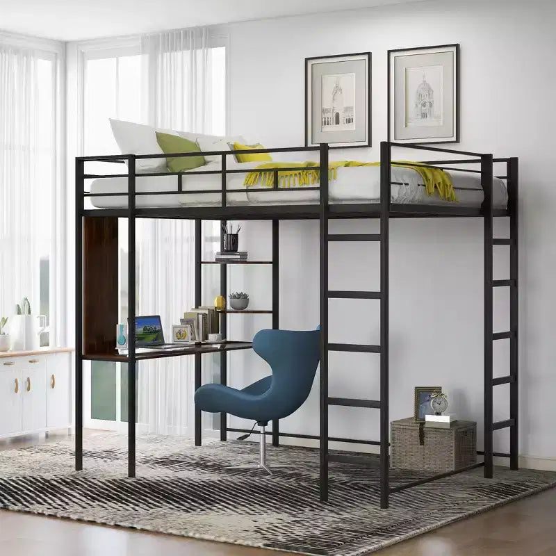 Okak 79.5IN Full Size Metal Loft Bed with 2 Ladders, Bed Frames With Desk, 2 Shelves and Safety Guardrails, Bunk Bed for Bedroom, Dormitory