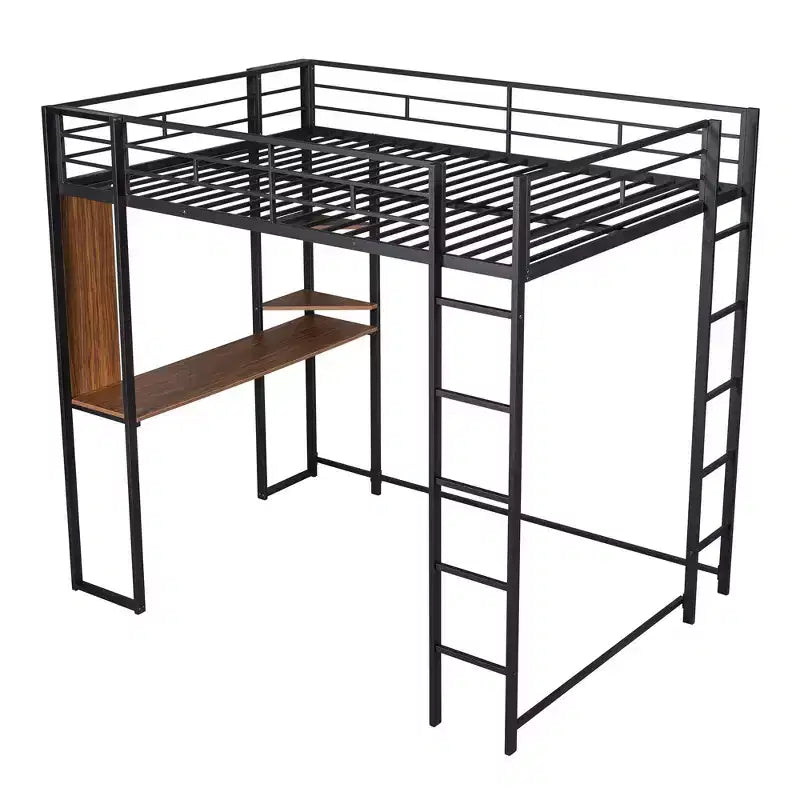 Okak 79.5IN Full Size Metal Loft Bed with 2 Ladders, Bed Frames With Desk, 2 Shelves and Safety Guardrails, Bunk Bed for Bedroom, Dormitory