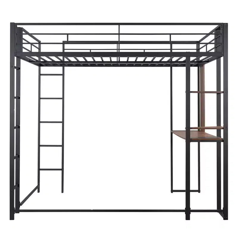 Okak 79.5IN Full Size Metal Loft Bed with 2 Ladders, Bed Frames With Desk, 2 Shelves and Safety Guardrails, Bunk Bed for Bedroom, Dormitory