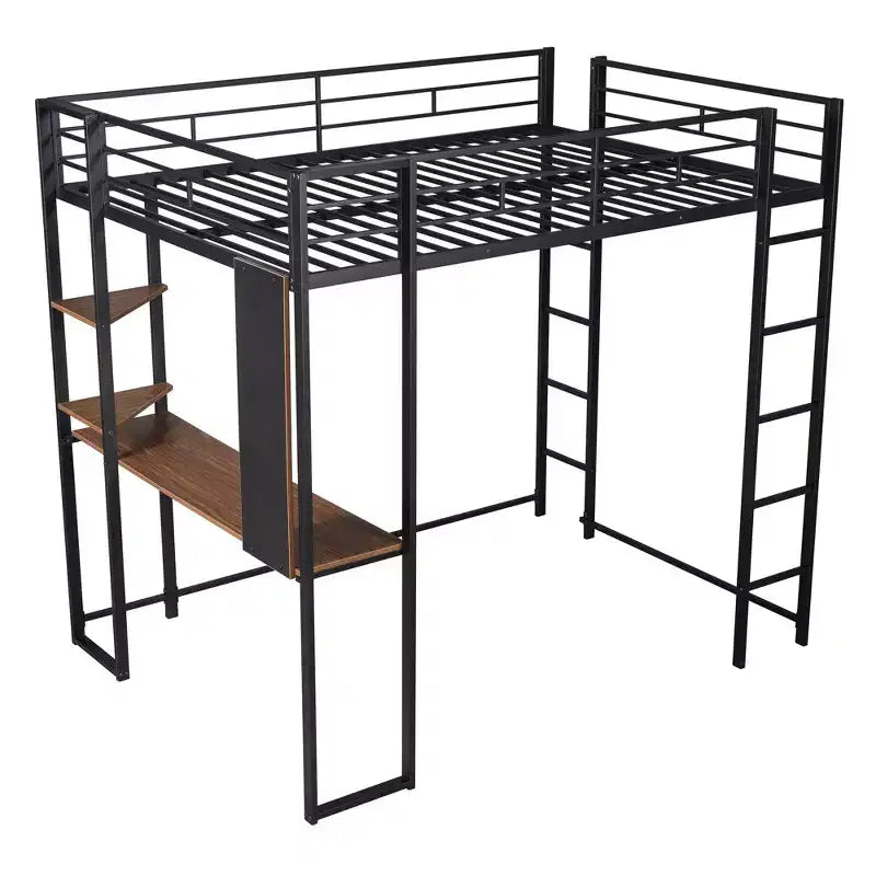 Okak 79.5IN Full Size Metal Loft Bed with 2 Ladders, Bed Frames With Desk, 2 Shelves and Safety Guardrails, Bunk Bed for Bedroom, Dormitory