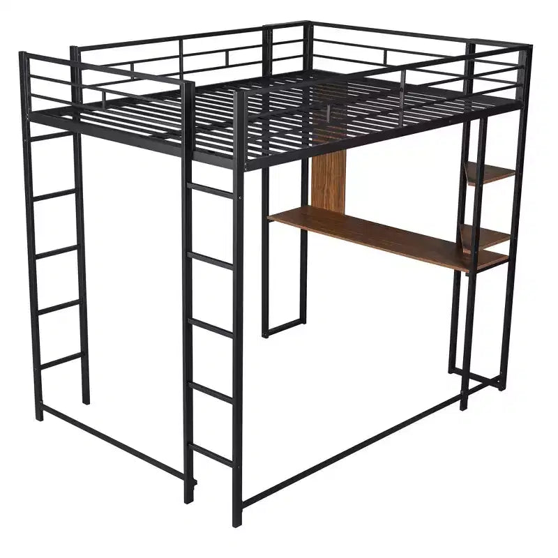Okak 79.5IN Full Size Metal Loft Bed with 2 Ladders, Bed Frames With Desk, 2 Shelves and Safety Guardrails, Bunk Bed for Bedroom, Dormitory