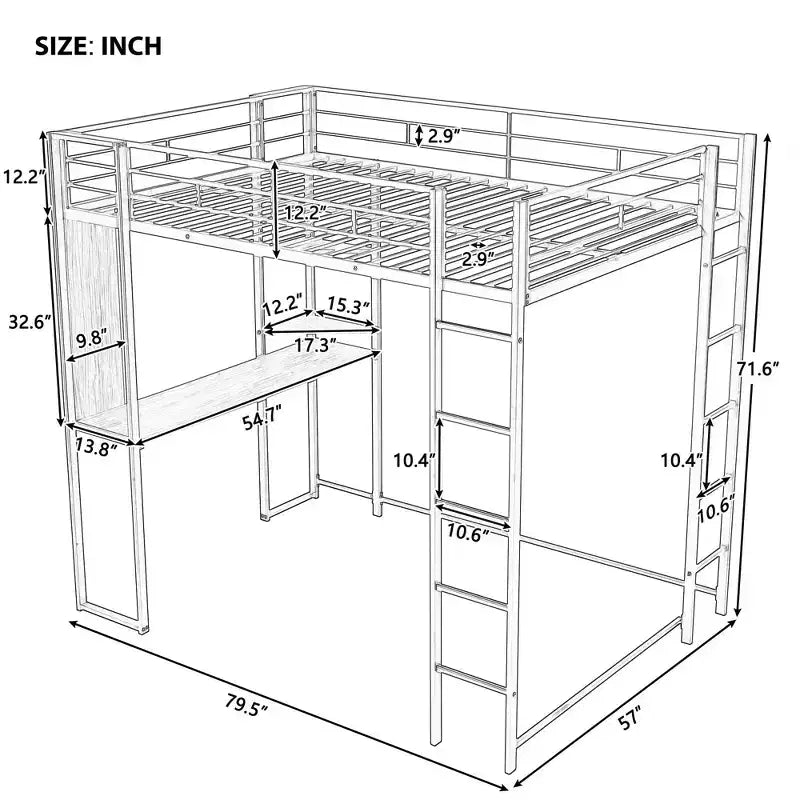 Okak 79.5IN Full Size Metal Loft Bed with 2 Ladders, Bed Frames With Desk, 2 Shelves and Safety Guardrails, Bunk Bed for Bedroom, Dormitory