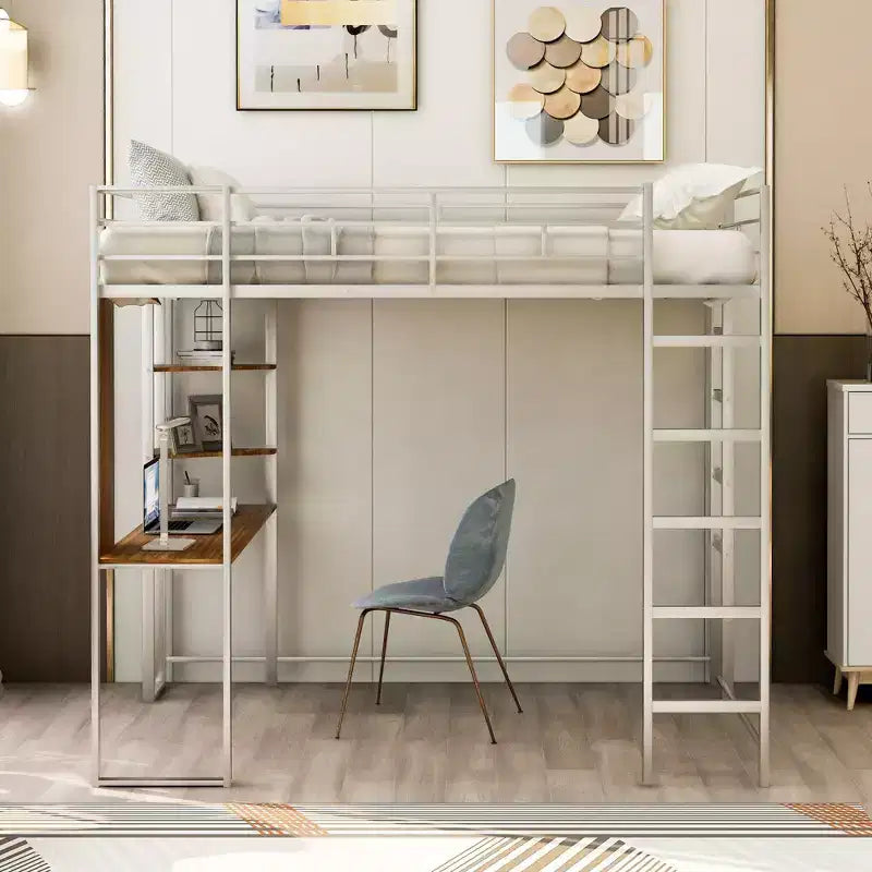 Okak 79.5IN Full Size Metal Loft Bed with 2 Ladders, Bed Frames With Desk, 2 Shelves and Safety Guardrails, Bunk Bed for Bedroom, Dormitory