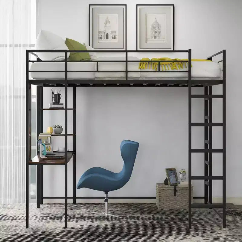 Okak 79.5IN Full Size Metal Loft Bed with 2 Ladders, Bed Frames With Desk, 2 Shelves and Safety Guardrails, Bunk Bed for Bedroom, Dormitory