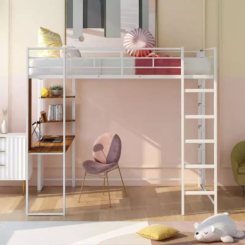 Okak 79.5IN Full Size Metal Loft Bed with 2 Ladders, Bed Frames With Desk, 2 Shelves and Safety Guardrails, Bunk Bed for Bedroom, Dormitory