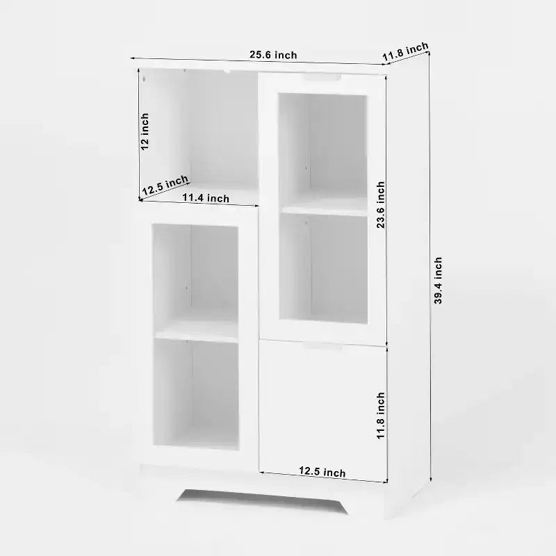 Homy Casa Decorative Storage Cabinet with Glass Doors and Open Shelves for Kitchen or Living Room, White