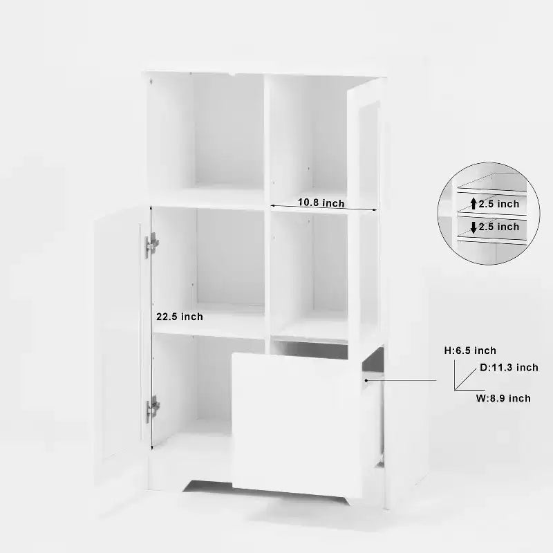 Homy Casa Decorative Storage Cabinet with Glass Doors and Open Shelves for Kitchen or Living Room, White