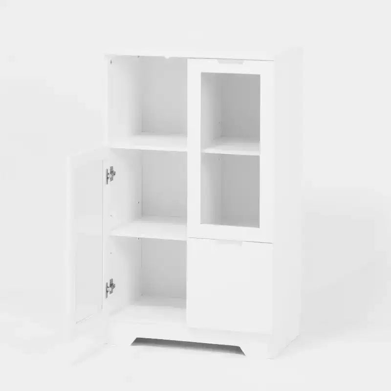 Homy Casa Decorative Storage Cabinet with Glass Doors and Open Shelves for Kitchen or Living Room, White