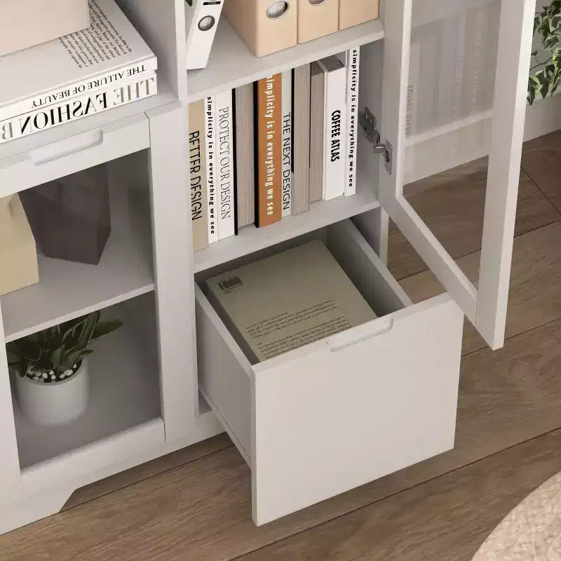 Homy Casa Decorative Storage Cabinet with Glass Doors and Open Shelves for Kitchen or Living Room, White