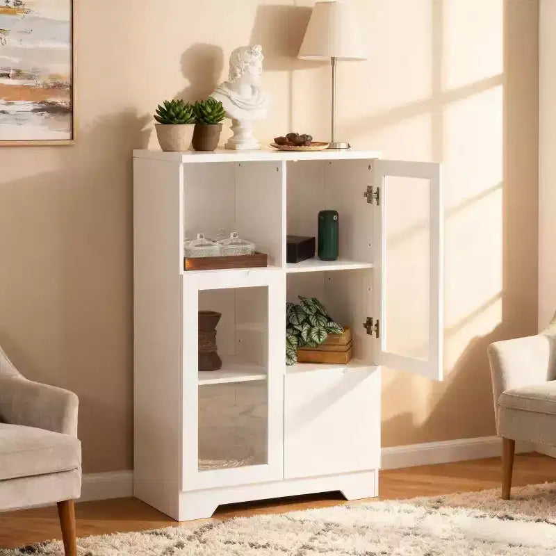 Homy Casa Decorative Storage Cabinet with Glass Doors and Open Shelves for Kitchen or Living Room, White
