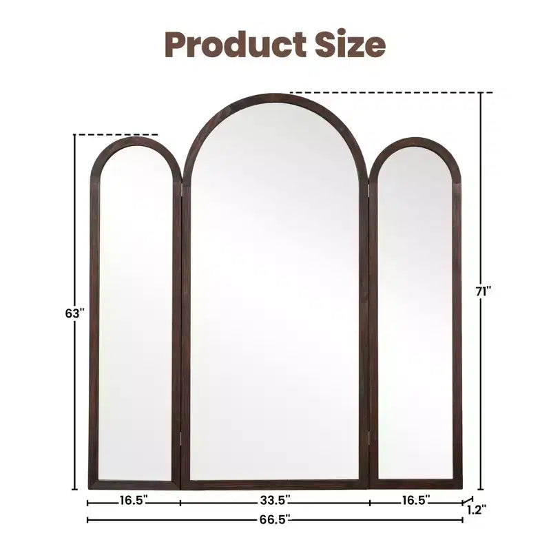 Dovelina 71H*66.5W Tri-Fold Full Length Mirror Arch Leaning Mirror for Living Room Dining Room Entryway Bedroom, Metal/Wood Frame Available