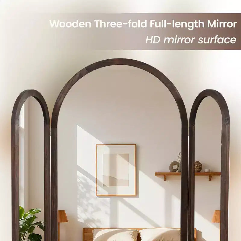 Dovelina 71H*66.5W Tri-Fold Full Length Mirror Arch Leaning Mirror for Living Room Dining Room Entryway Bedroom, Metal/Wood Frame Available