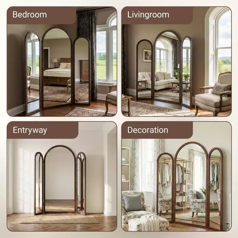 Dovelina 71H*66.5W Tri-Fold Full Length Mirror Arch Leaning Mirror for Living Room Dining Room Entryway Bedroom, Metal/Wood Frame Available
