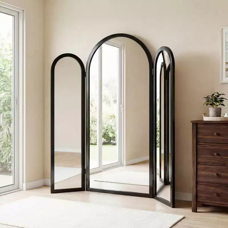 Dovelina 71H*66.5W Tri-Fold Full Length Mirror Arch Leaning Mirror for Living Room Dining Room Entryway Bedroom, Metal/Wood Frame Available