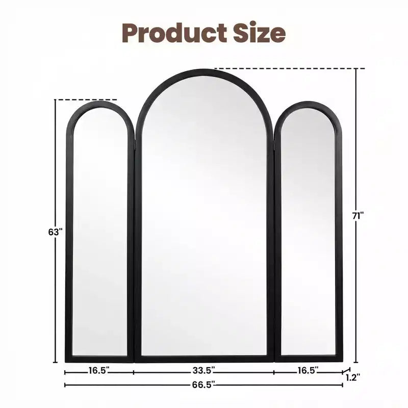 Dovelina 71H*66.5W Tri-Fold Full Length Mirror Arch Leaning Mirror for Living Room Dining Room Entryway Bedroom, Metal/Wood Frame Available