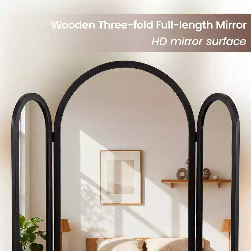 Dovelina 71H*66.5W Tri-Fold Full Length Mirror Arch Leaning Mirror for Living Room Dining Room Entryway Bedroom, Metal/Wood Frame Available