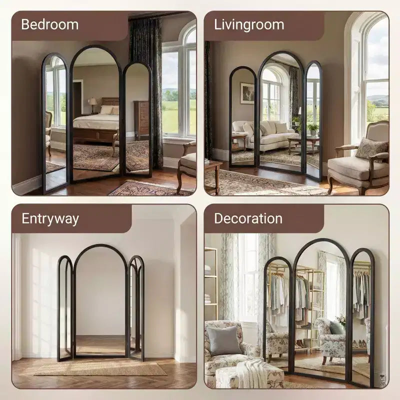 Dovelina 71H*66.5W Tri-Fold Full Length Mirror Arch Leaning Mirror for Living Room Dining Room Entryway Bedroom, Metal/Wood Frame Available