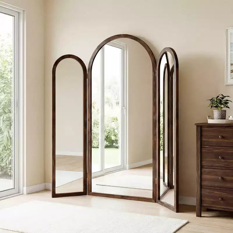 Dovelina 71H*66.5W Tri-Fold Full Length Mirror Arch Leaning Mirror for Living Room Dining Room Entryway Bedroom, Metal/Wood Frame Available