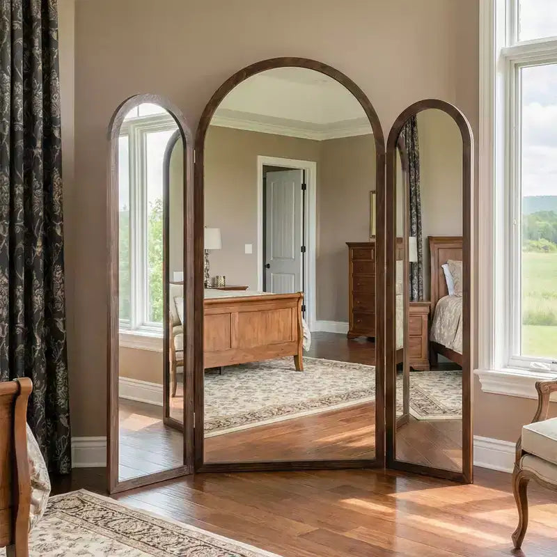 Dovelina 71H*66.5W Tri-Fold Full Length Mirror Arch Leaning Mirror for Living Room Dining Room Entryway Bedroom, Metal/Wood Frame Available