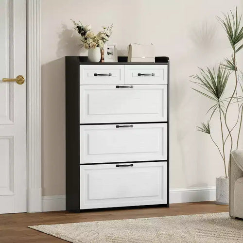 1250 Black Shoe Cabinet With 3 Doors 2 Drawers, PVC Door With Shaped PVC Doors