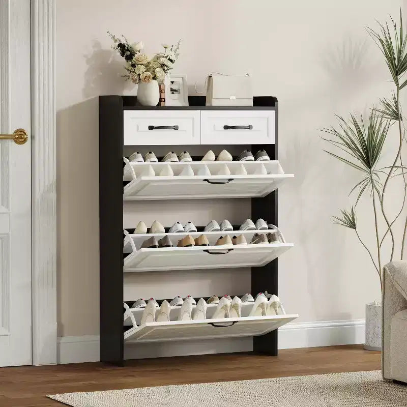 1250 Black Shoe Cabinet With 3 Doors 2 Drawers, PVC Door With Shaped PVC Doors