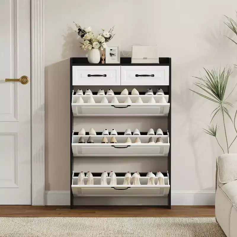 1250 Black Shoe Cabinet With 3 Doors 2 Drawers, PVC Door With Shaped PVC Doors