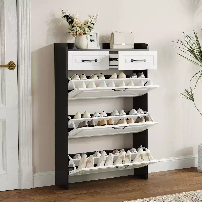 1250 Black Shoe Cabinet With 3 Doors 2 Drawers, PVC Door With Shaped PVC Doors