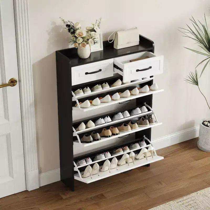 1250 Black Shoe Cabinet With 3 Doors 2 Drawers, PVC Door With Shaped PVC Doors