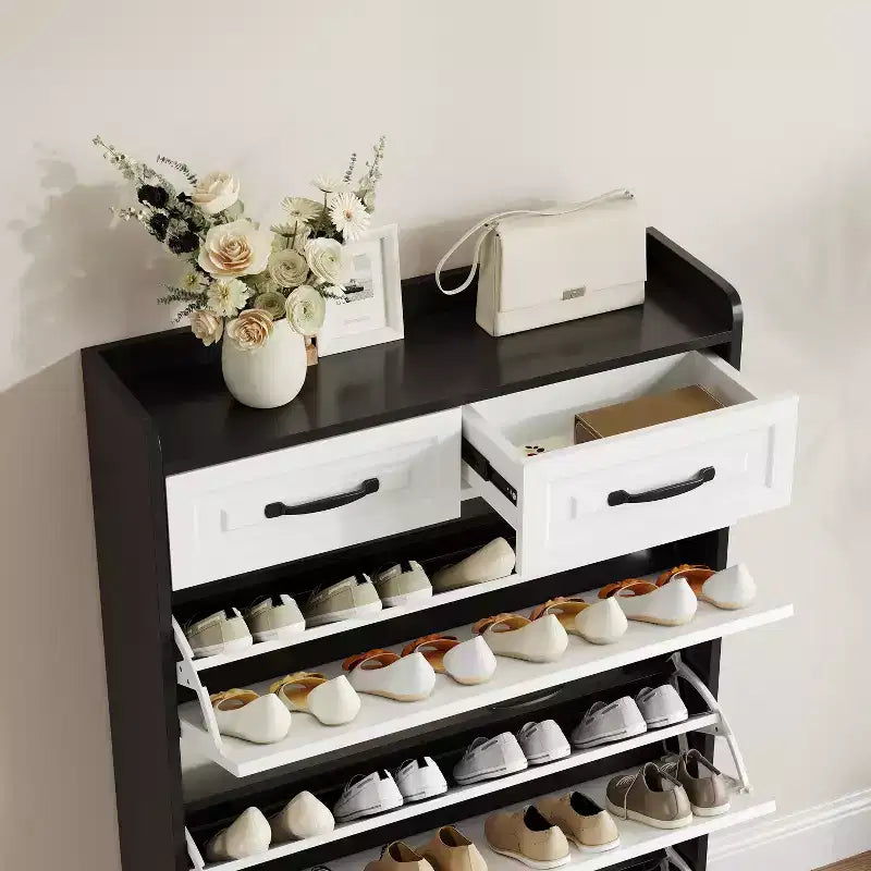 1250 Black Shoe Cabinet With 3 Doors 2 Drawers, PVC Door With Shaped PVC Doors
