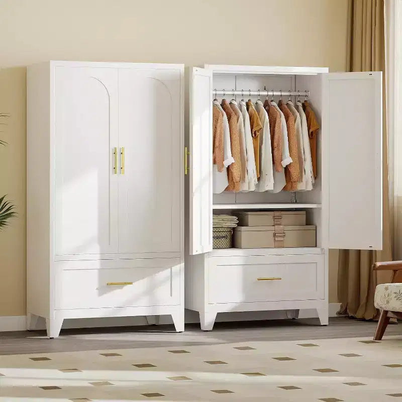 Zevemomo 60.16 Metal Armoire Wardrobe Closet with Drawer and Adjustable Shelf, Tall Storage Cabinets for Bedroom, Laundry Room, Office, White