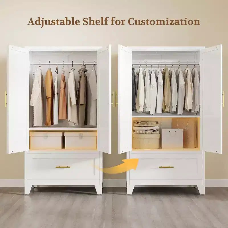 Zevemomo 60.16 Metal Armoire Wardrobe Closet with Drawer and Adjustable Shelf, Tall Storage Cabinets for Bedroom, Laundry Room, Office, White
