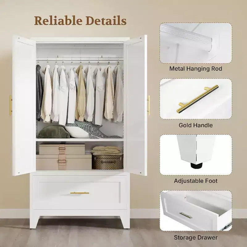 Zevemomo 60.16 Metal Armoire Wardrobe Closet with Drawer and Adjustable Shelf, Tall Storage Cabinets for Bedroom, Laundry Room, Office, White