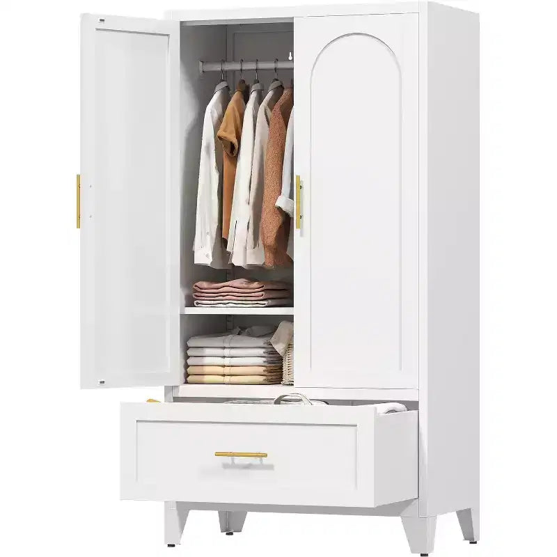 Zevemomo 60.16 Metal Armoire Wardrobe Closet with Drawer and Adjustable Shelf, Tall Storage Cabinets for Bedroom, Laundry Room, Office, White