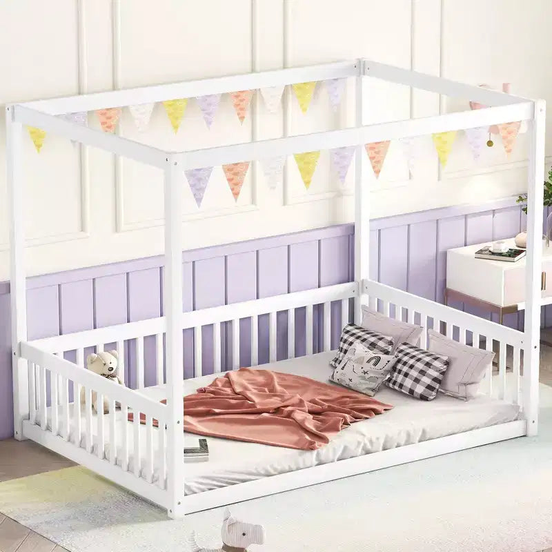 Clihome Full Size Canopy Frame Rubber Wood Floor Bed with Fence,Guardrails