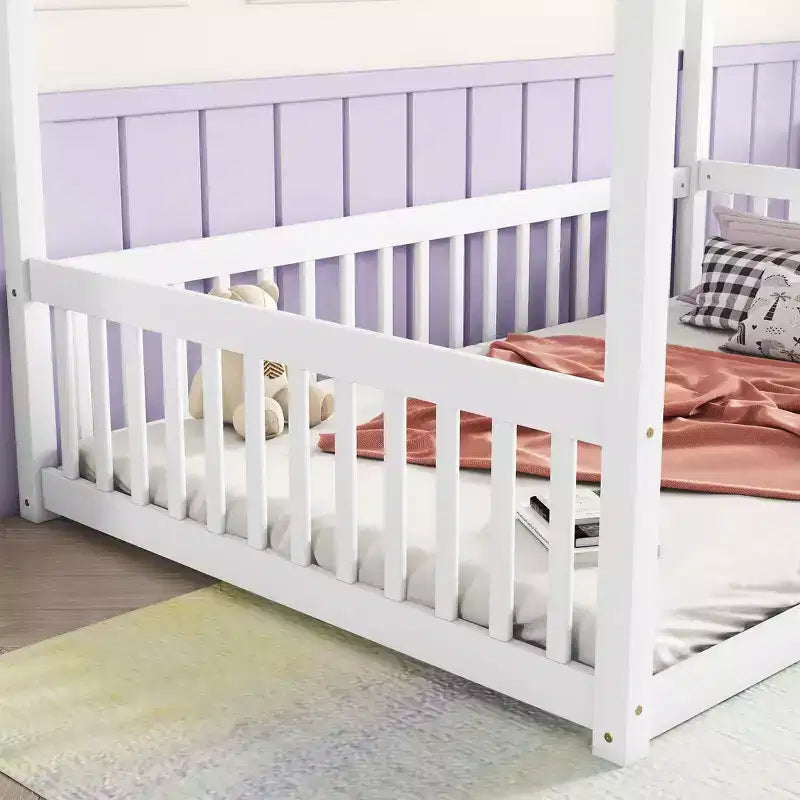 Clihome Full Size Canopy Frame Rubber Wood Floor Bed with Fence,Guardrails