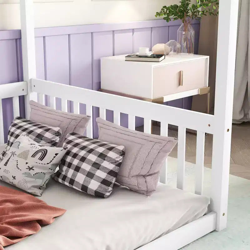 Clihome Full Size Canopy Frame Rubber Wood Floor Bed with Fence,Guardrails