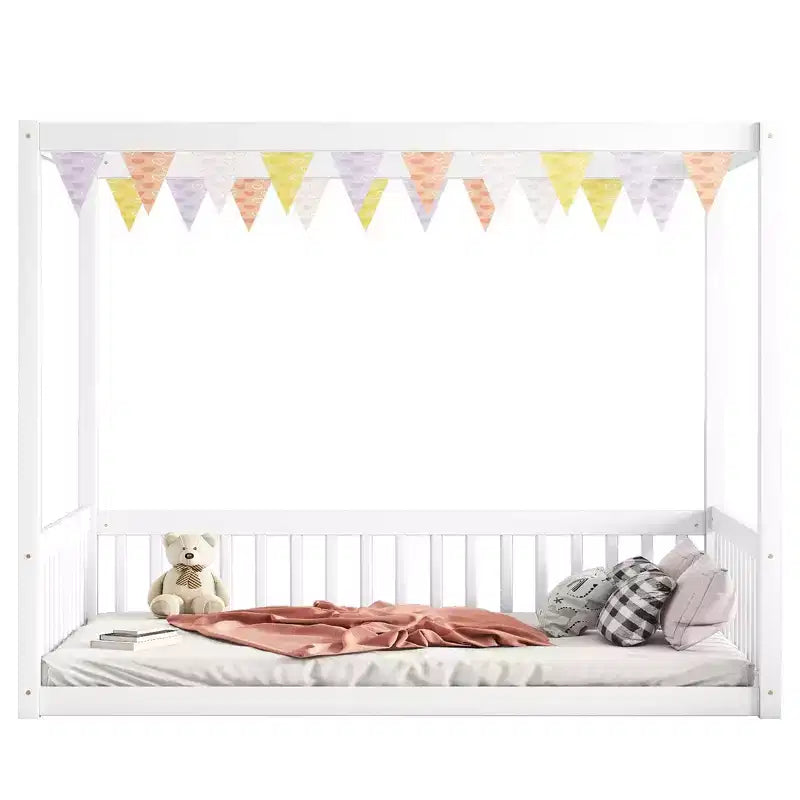Clihome Full Size Canopy Frame Rubber Wood Floor Bed with Fence,Guardrails