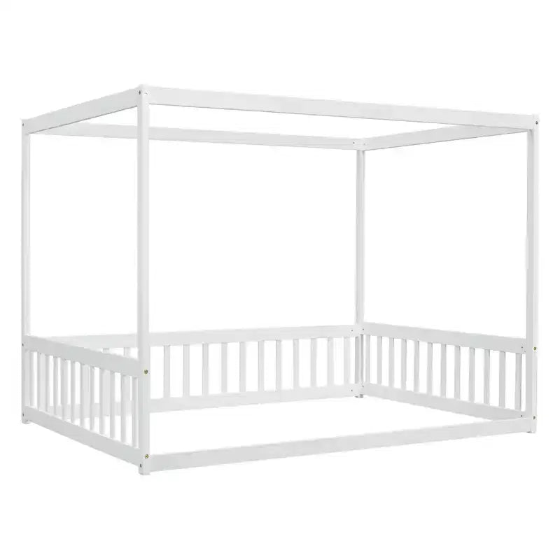 Clihome Full Size Canopy Frame Rubber Wood Floor Bed with Fence,Guardrails