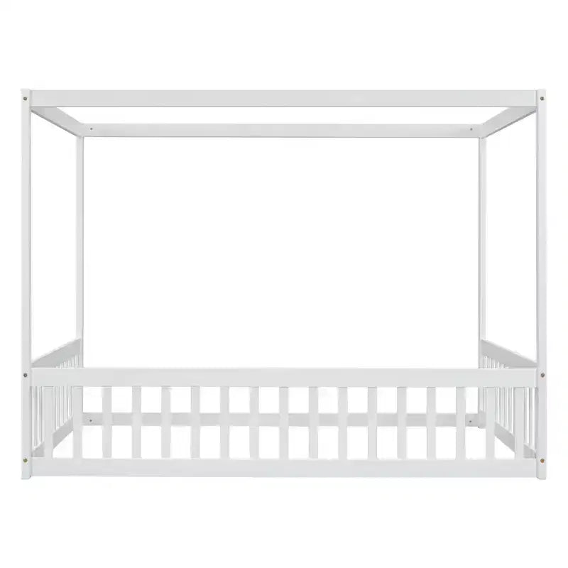 Clihome Full Size Canopy Frame Rubber Wood Floor Bed with Fence,Guardrails