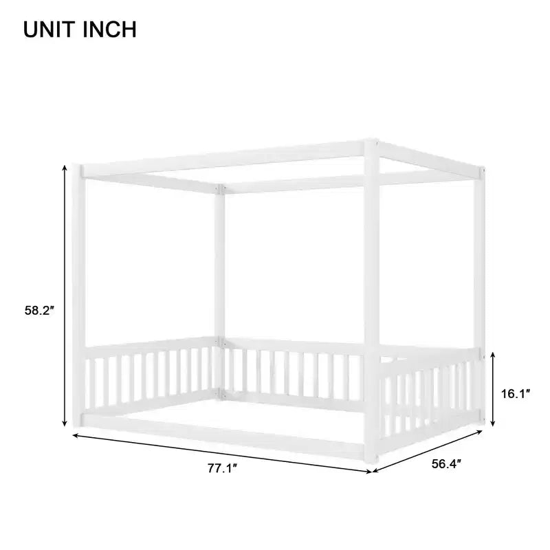 Clihome Full Size Canopy Frame Rubber Wood Floor Bed with Fence,Guardrails