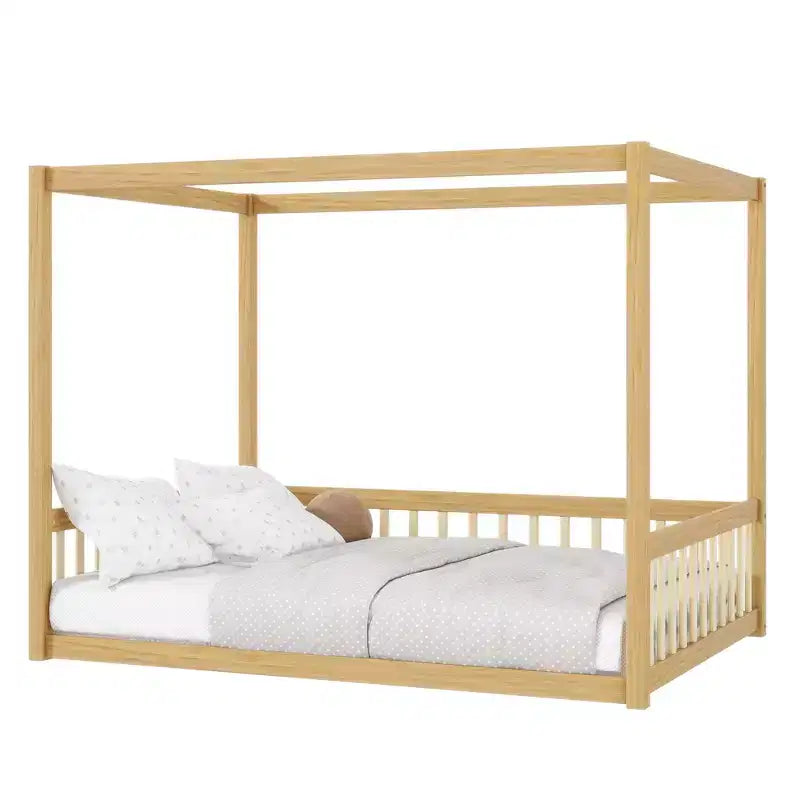 Clihome Full Size Canopy Frame Rubber Wood Floor Bed with Fence,Guardrails