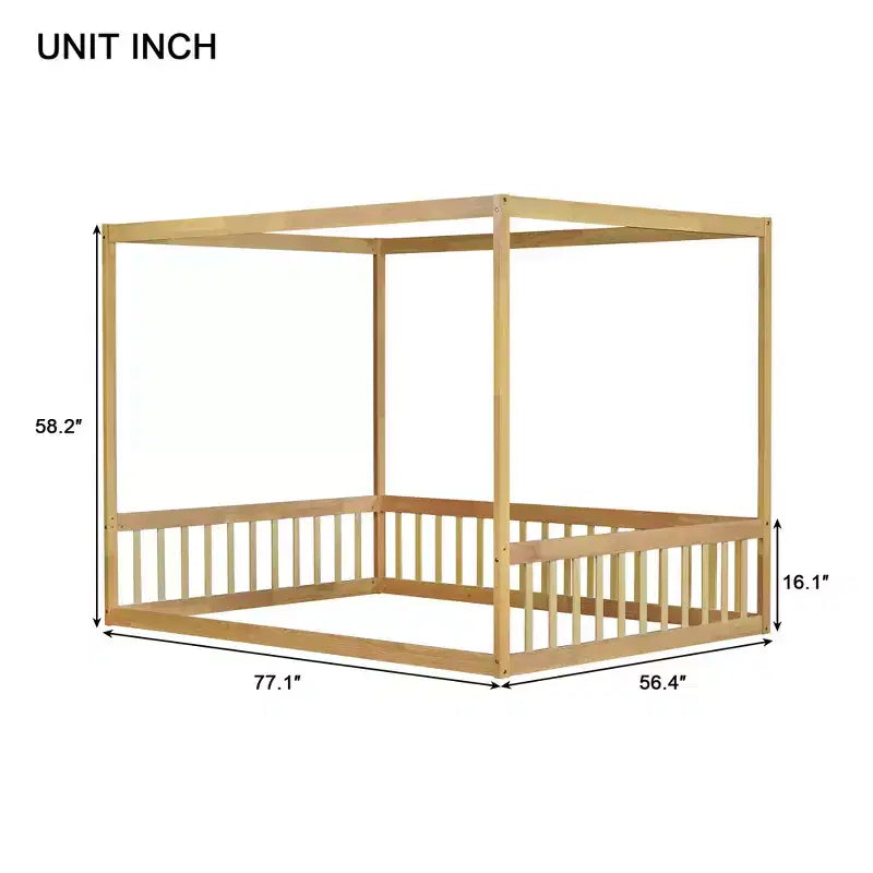 Clihome Full Size Canopy Frame Rubber Wood Floor Bed with Fence,Guardrails