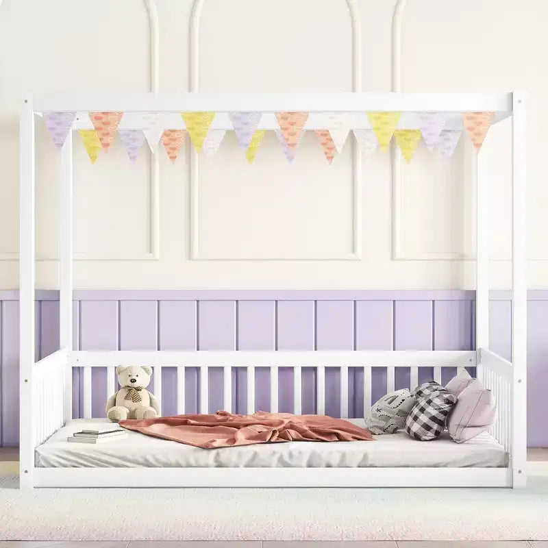 Clihome Full Size Canopy Frame Rubber Wood Floor Bed with Fence,Guardrails